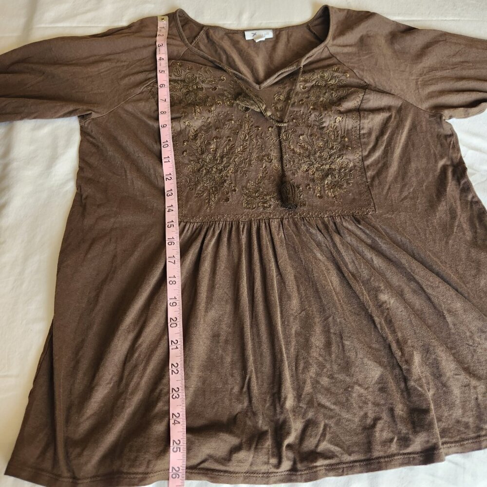 J Jill Women's Size L Pine Green Embroidered Tassel Tie Bell Sleeve Peplum Top - Picture 13 of 16